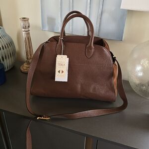 Italian Leather And Suede Large Satchel With Crossbody Strap